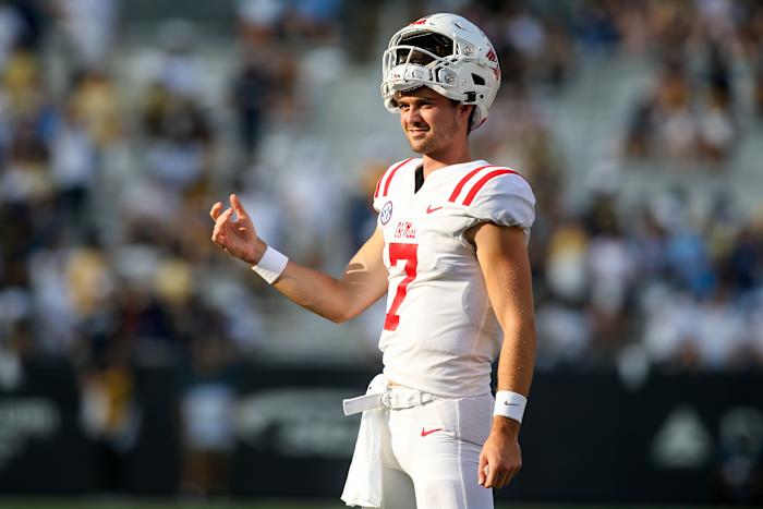 Sep 17, 2022; Atlanta, Georgia, USA; Mississippi Rebels quarterback Luke Altmyer (7) on the sideline against the Georgia Tech Yellow Jackets in the second half at Bobby Dodd Stadium. Mandatory Credit: Brett Davis-USA TODAY Sports